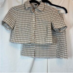 Checked Short Sleeve Shirt & Skirt Set in Beige